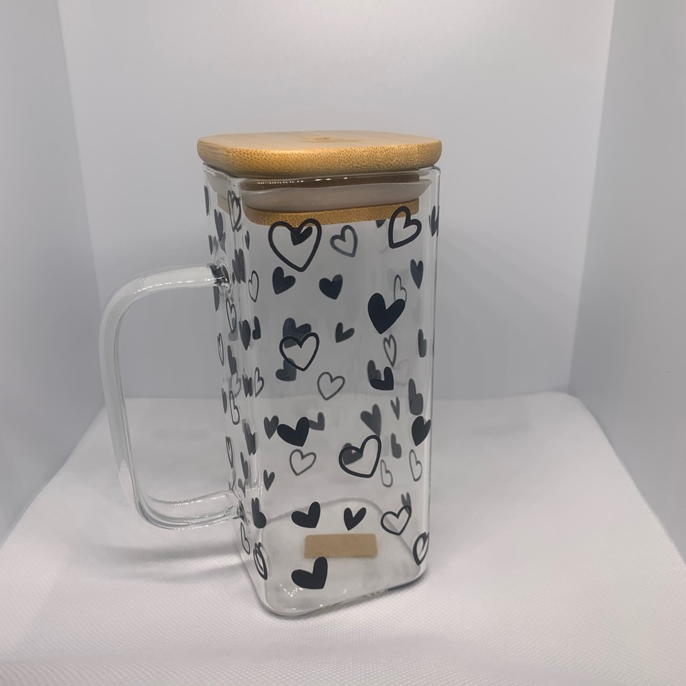 Square cup with handle, bamboo lid, and straw
